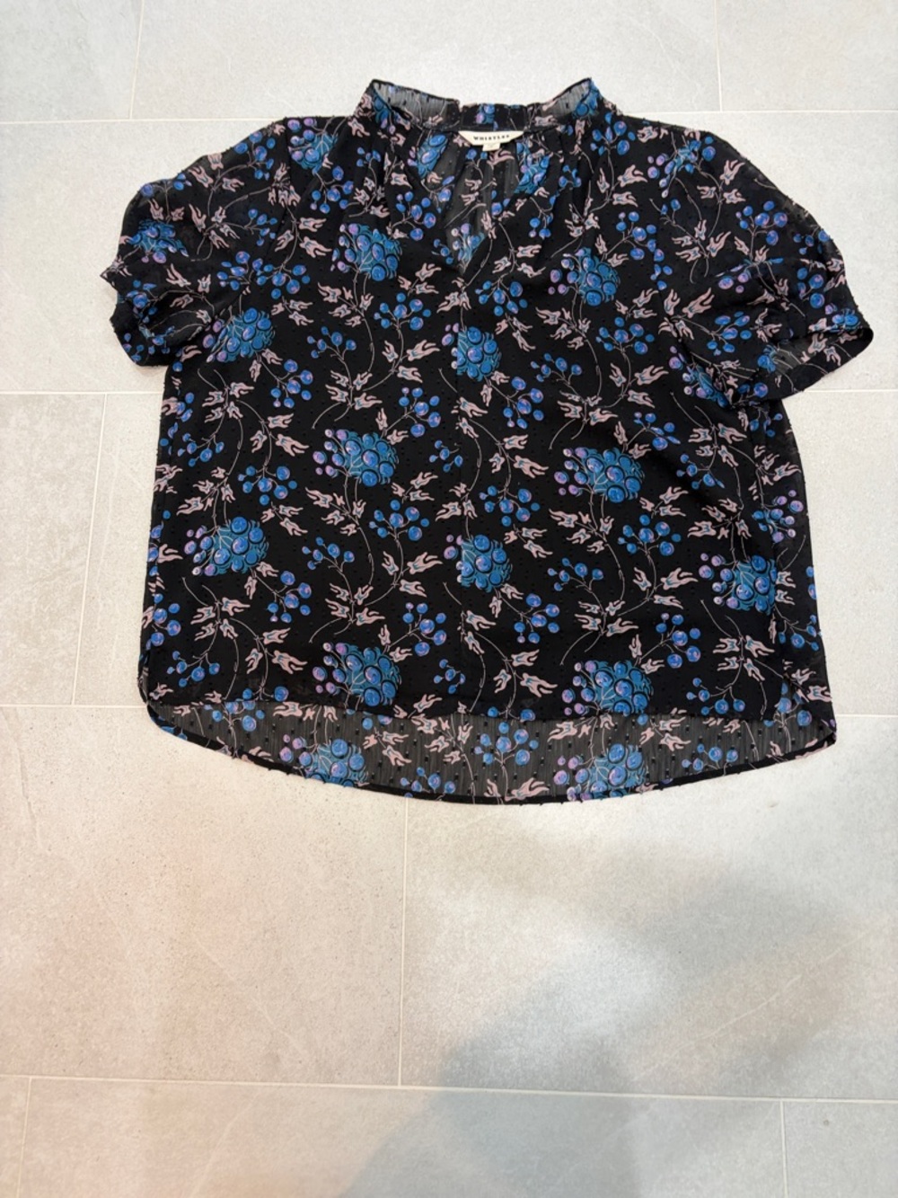 Whistles size M Black Floral Short Sleeve Blouse with Blue Accents
